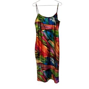 NATORI Private Luxuries Abstract Print Spaghetti Strap Midi Dress Womens Size L